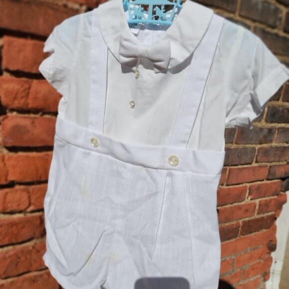 All White Linen Tuxedo Shorts w/ Suspenders Romper, Jacket & Bowtie Outfit 18mo - Picture 4 of 8
